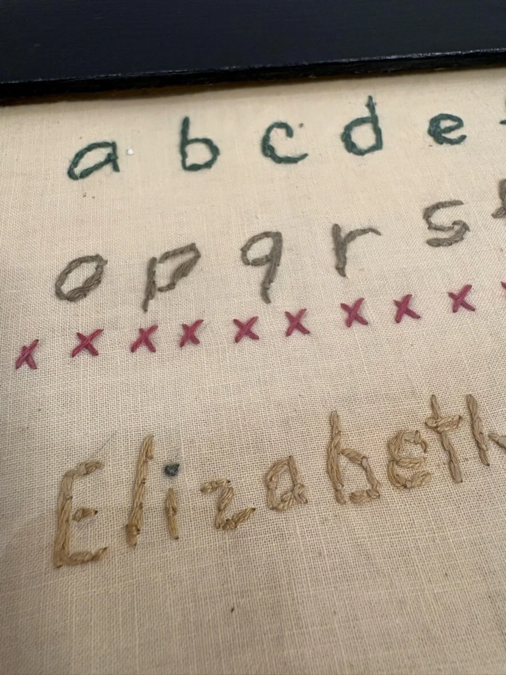 Antique 1840 Framed Alphabet Sampler Embroidery in Green and Pink